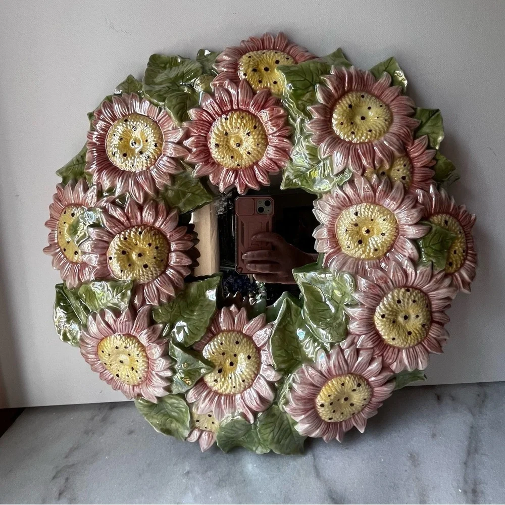 Floral Sunflower Wall Mirror - Pink and Green majolica ceramic artist mirror